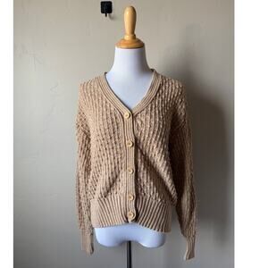 Liz Claiborne Lizsport 100% Cotton Tan Textured Stitch Button Up Cardigan- Sz L